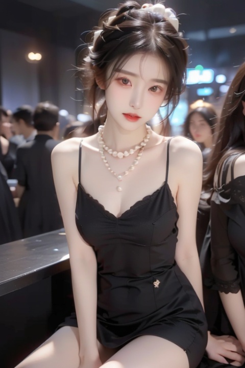 a sexy girl,Delicate cheeks, Chest: 1.7,A full figure,perfect body,(crowded nightclub:1.5),(revealing black dress:1.5),(pearl necklace:1.5),(sitting on booth:1.3),Meibao,indoor,(drinking alcohol :1.5),killer,(bite lips:1.2),(flirting expression:1.5)