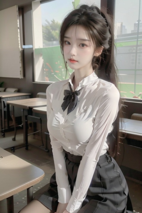  a school girl,Delicate cheeks, Chest: 1.7,A full figure,perfect body, ponytail,
Meibao,indoor, black skirt, black bowtie, black pantyhose, white shirt, bra visible through clothes,(classroom:1.5), (plants:1.2), (windows:1.5),