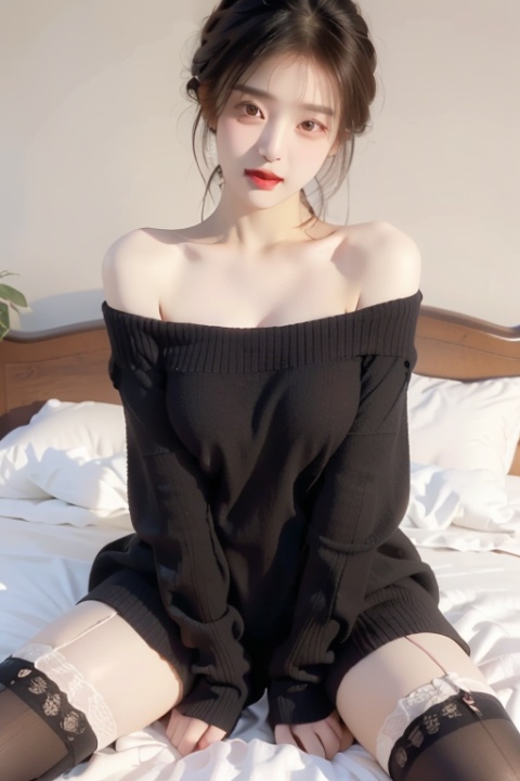 1girl, Off-shoulder sweater, (spreading legs:1.3), Overhead view, (Black stockings:1.5), pantyhose,(moaning:1.5),(tounge_out :1.2),(flirting expression:1.5),(nsfw:1.7),