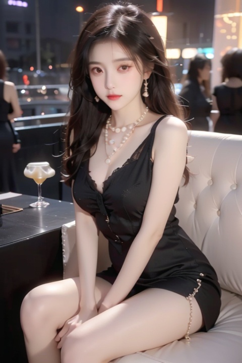 a sexy girl,Delicate cheeks, Chest: 1.7,A full figure,perfect body,(nightclub:1.5),(revealing black dress:1.5),(pearl necklace:1.5),(sitting on booth:1.3),Meibao,indoor,(drinking alcohol :1.5),killer