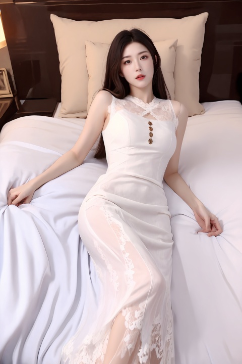  8k, best quality, masterpiece, 1 girl, (black long hair flowing), Sex appeal,Sexy, (lying on the bed:1.3), look at the viewer, flirting expression,
(white lace SLIPDRESS:1.3),

