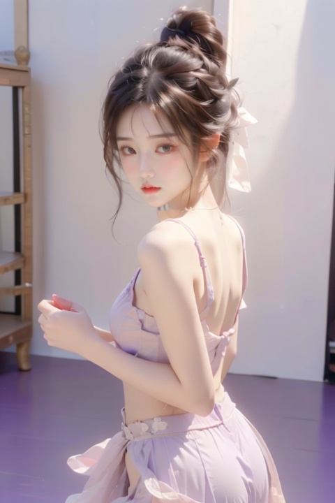  a girl,Delicate cheeks,backlook, Chest: 1.7,A full figure, perfect body, ponytail,
Meibao,indoor, (dance practice room:1.2), (Split:1.5), (blush frown:1.2), (dancing:1.2),(purple dancer outfit:1.4)