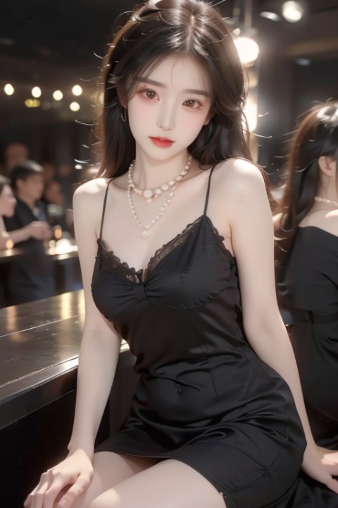 a sexy girl,Delicate cheeks, Chest: 1.7,A full figure,perfect body,(crowded nightclub:1.5),(revealing black dress:1.5),(pearl necklace:1.5),(sitting on booth:1.3),Meibao,indoor,(drinking alcohol :1.5),killer,(bite lips:1.2),(flirting expression:1.5)