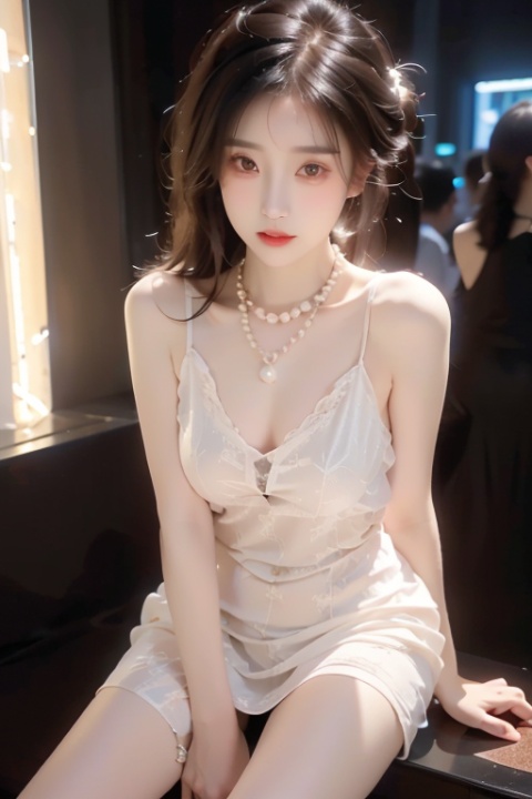a sexy girl,Delicate cheeks, Chest: 1.7,A full figure,perfect body,indoor,(nightclub:1.5),(revealing black slik dress:1.5),(pearl necklace:1.5),(sitting on booth:1.3),(high heels),
(drinking alcohol :1.5),killer,(bite lips:1.2),(flirting expression:1.5), (full boby:1.2),(neon light:1.2)