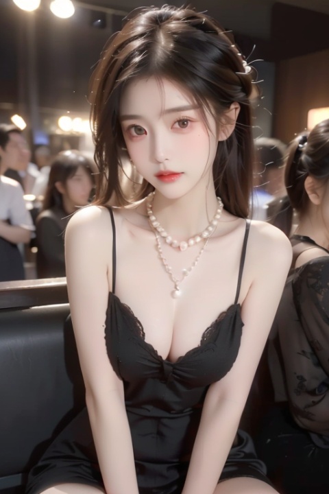 a sexy girl,Delicate cheeks, Chest: 1.7,A full figure,perfect body,(crowded nightclub:1.5),(revealing black dress:1.5),(pearl necklace:1.5),(sitting on booth:1.3),Meibao,indoor,(drinking alcohol :1.5),killer,(bite lips:1.2),(flirting expression:1.5), (full boby:1.2)