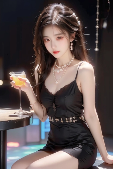 a sexy girl,Delicate cheeks, Chest: 1.7,A full figure,perfect body,(nightclub:1.5),(revealing black dress:1.5),(pearl necklace:1.5),(sitting on booth:1.3),Meibao,indoor,(drinking alcohol :1.5),killer,(bite lips:1.2),(flirting expression:1.5), (full boby:1.2),(neon light:1.2)