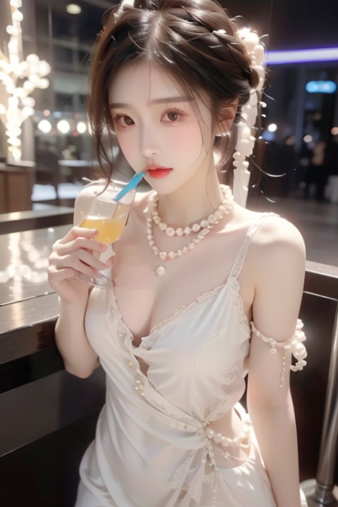  a sexy girl,Delicate cheeks, Chest: 1.7,A full figure,perfect body,(nightclub:1.5),(revealing dress:1.5),(pearl necklace:1.5),
Meibao,indoor,(drinking alcohol :1.5),killer