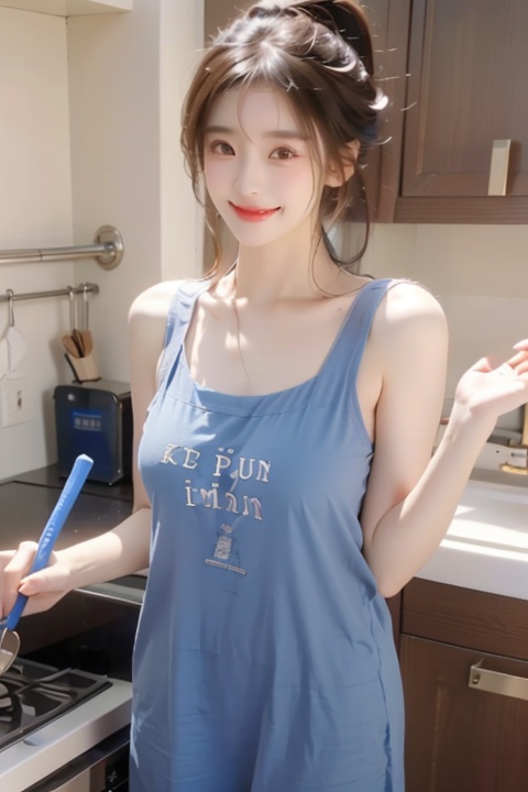  a girl,Delicate cheeks, Chest: 1.7,A full figure, perfect body, ponytail,
Meibao,indoor, (kitchen:1.2), (blue apron:1.5), (holding shovel
:1.2), (smile:1.2)