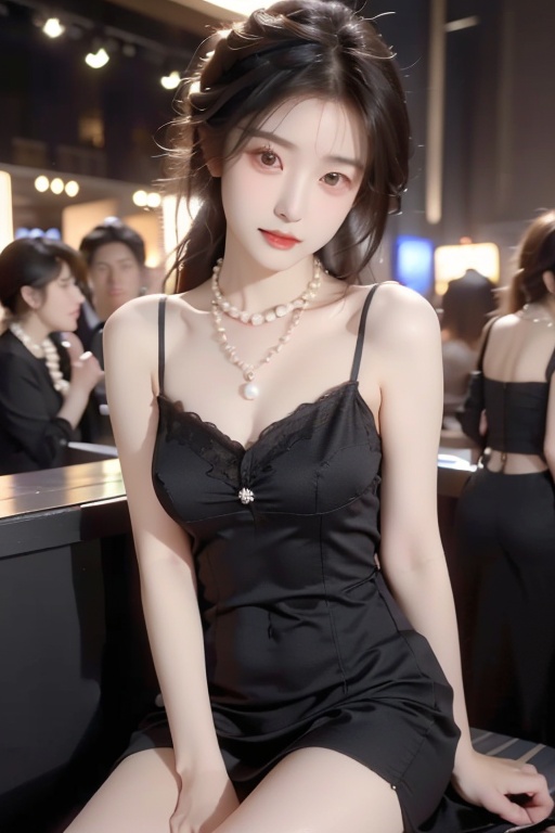 a sexy girl,Delicate cheeks, Chest: 1.7,A full figure,perfect body,(crowded nightclub:1.5),(revealing black dress:1.5),(pearl necklace:1.5),(sitting on booth:1.3),Meibao,indoor,(drinking alcohol :1.5),killer,(bite lips:1.2),(flirting expression:1.5), (full boby:1.2)