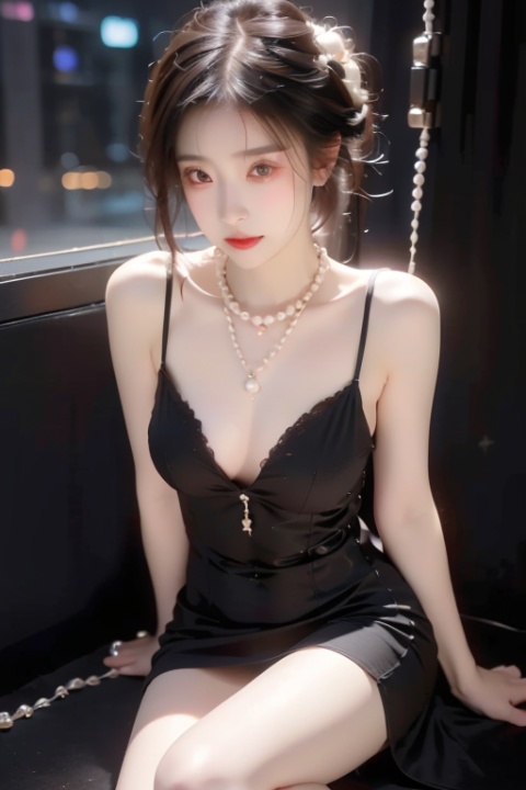 a sexy girl,Delicate cheeks, Chest: 1.7,A full figure,perfect body,indoor,(nightclub:1.5),(revealing black slik dress:1.5),(pearl necklace:1.5),(sitting on booth:1.3),(high heels),
(drinking alcohol :1.5),killer,(bite lips:1.2),(flirting expression:1.5), (full boby:1.2),(neon light:1.2)