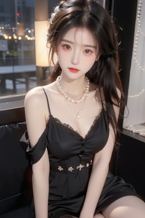  a sexy girl,Delicate cheeks, Chest: 1.7,A full figure,perfect body,(nightclub:1.5),(revealing black dress:1.5),(pearl necklace:1.5),(sitting on booth:1.3),Meibao,indoor,(drinking alcohol :1.5),killer