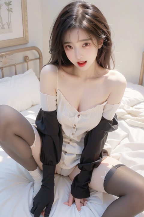1girl, Off-shoulder sweater, (spreading legs:1.3), Overhead view, (Black stockings:1.5), pantyhose,(moaning:1.5),(tounge_out :1.2),(flirting expression:1.5)