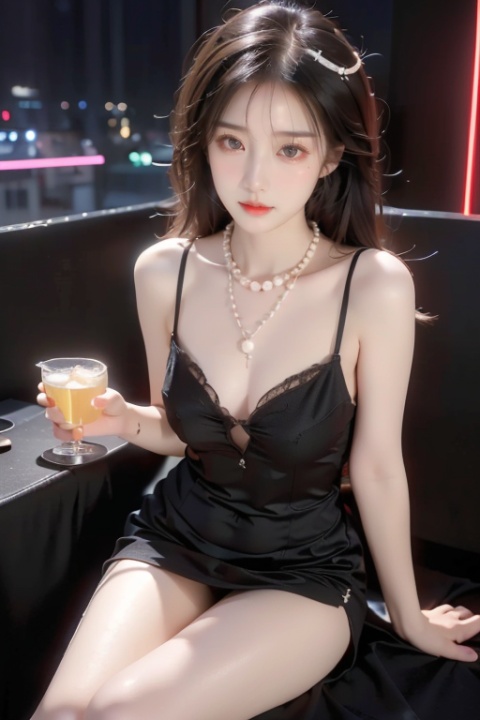  a sexy girl,Delicate cheeks, Chest: 1.7,A full figure,perfect body,indoor,(nightclub:1.5),(revealing black slik dress:1.5),(pearl necklace:1.5),(sitting on booth:1.3),(high heels),
(drinking alcohol :1.5),killer,(bite lips:1.2),(flirting expression:1.5), (full boby:1.2),(neon light:1.2)
