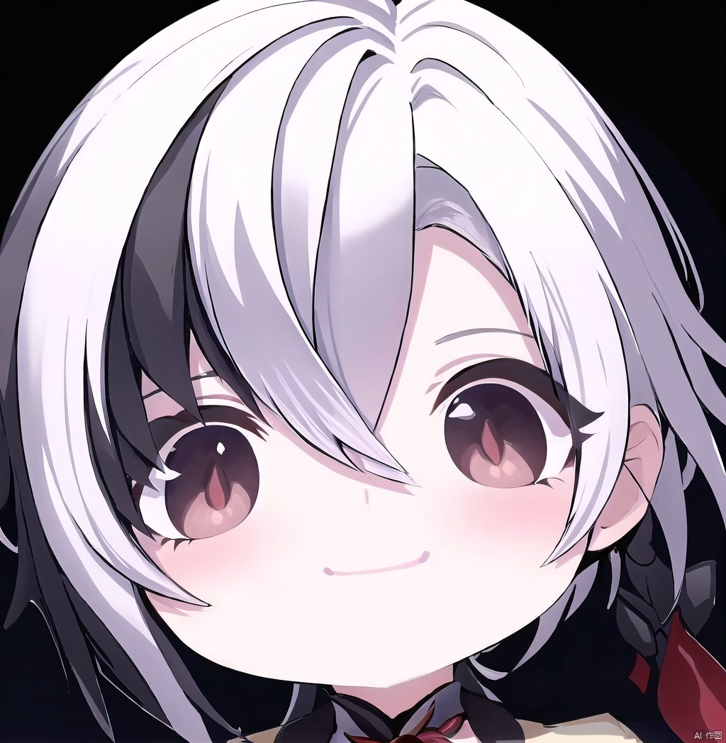 chibi,light smile,1girl,white hair,black hair, arlecchino (genshin impact), bface