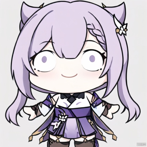  chibi,chibi style, style-parody, 1girl, long hair, solo, bangs, sidelocks, simple background, braid, smile, chibi, purple hair, parody, sash, obi, wide sleeves, spread arms, low ponytail, blunt bangs, long sleeves, outstretched arms, kimono, braided ponytail, thighhighs, full body, looking at viewer, standing on one leg, armor, mole, mole under eye, white background, c:, bridal gauntlets, keqingdef