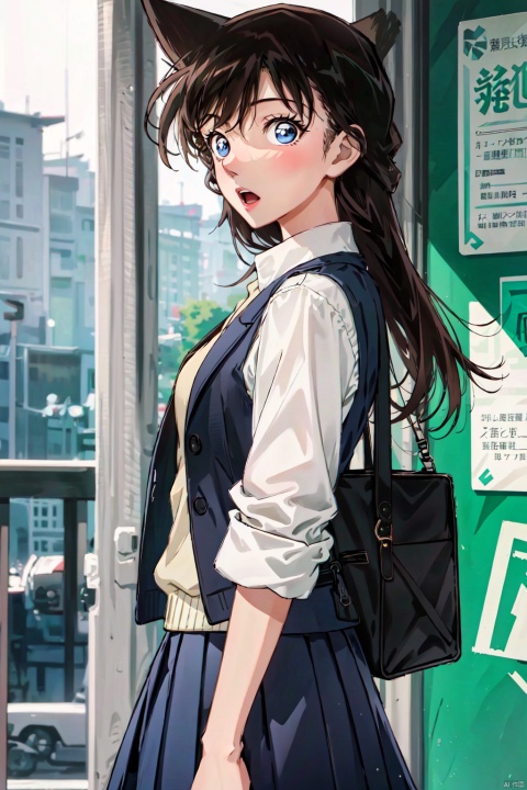  conan,1girl,solo,skirt,long hair,bag,blue eyes,brown hair,sweater vest,shirt,open mouth,pleated skirt,vest,long sleeves,looking at viewer,black hairsleeveless dress, bangs, formal, conan,HTTP,褰╄壊澶栧,澶栧, colors, backlight