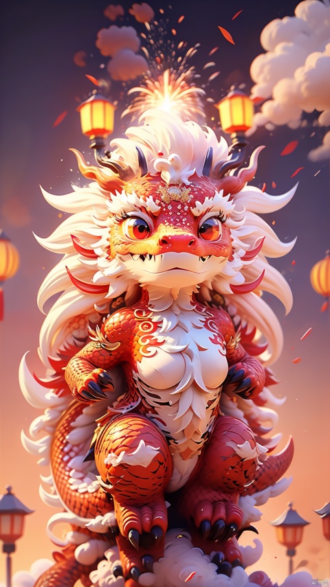  1 red dragon,red background, a small number of red lanterns, Chinese elements with firecrackers around and fireworks in the background, goddess, colors