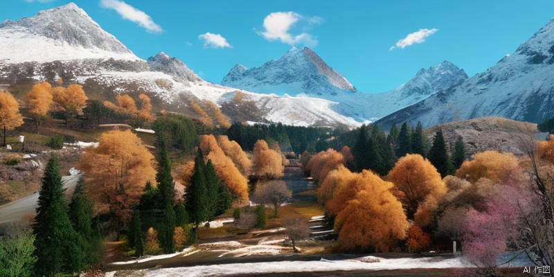 Primitive forest, with snow capped mountains in the distant view and rivers in the close range, sunny and lively with animals, realistic, high-definition, first person perspective


