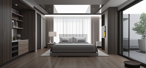  LAOWANG,Interior design, modern light luxury, advanced rendering, sofa, bed, landscape

