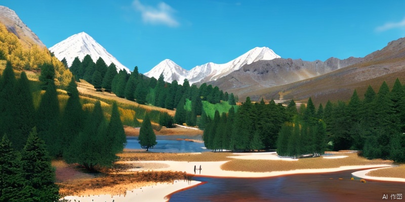 Primitive forest, with snow capped mountains in the distant view and rivers in the close range, sunny and lively with animals, realistic, high-definition, first person perspective


