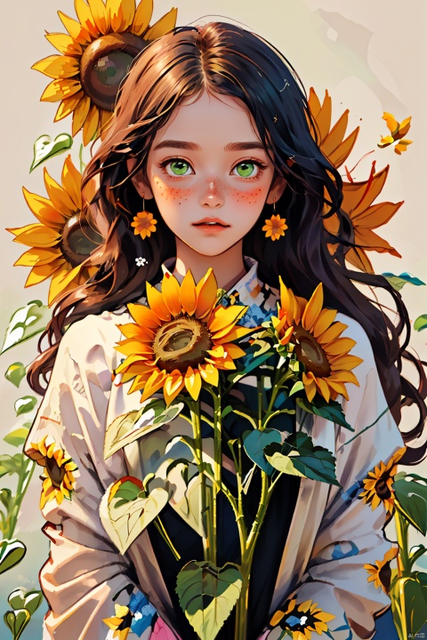 1girl, solo, long hair, looking at viewer, black hair, green eyes, flower,(((Sunflower in the upper right and lower left corner of the screen, big flowers cover the face))), parted lips, artist name, leaf, plant, portrait, freckles, yellow flower, sunflower, flat,bichu, CX, TT, NijiCute, ((poakl))