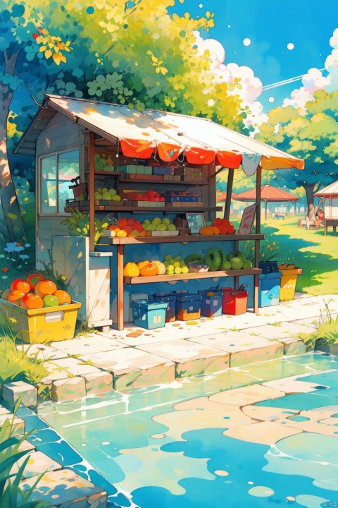 Fruit stall, diagonal layout, bright colors, wide-angle lens, outdoor environment, fresh fruits, diversity, water droplets, refreshing, and summer atmosphere., bichu, watercolor