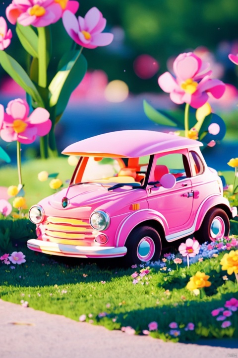 masterpiece,A cute pink car on the road, pixar, 3D rendering, surrounded by flowers, grass, cute cartoon design style, dreamlike visuals, softsculptures, bright colors, foreground bokeh, 3d cartoon style, octance rendering,8K, 3d stely,CDCJ, changjing_3d, wu,C4D