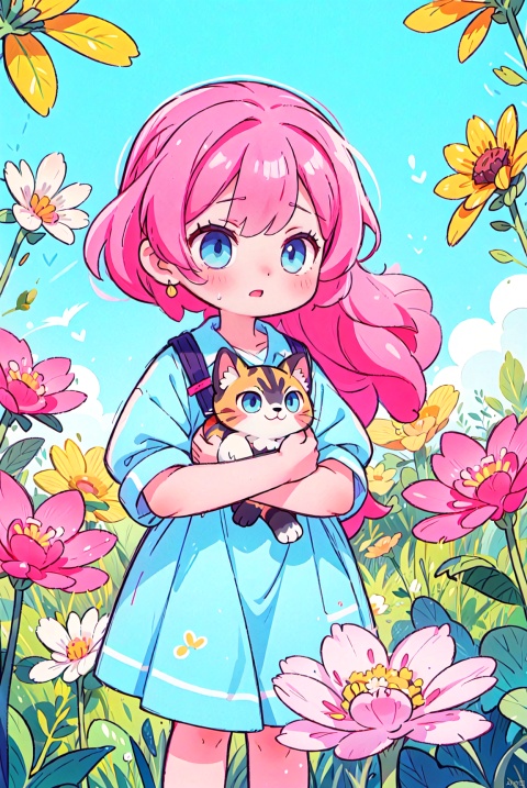  a girl with long pink hair is holding a cat,Cat is the golden layers with blue eyes,sunny day,surrounded by flowers,animated lighting,pastel color,best quality,8K