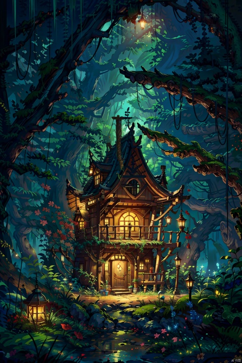 masterpiece,realistic,landscape,scenery,fantasy,under the forest,((tree house)),thick trunk,flowers,lamp,lamplight,hollow out,mushroom-like,house,(amazing tree:1.2),forest,bird,tree house focus,incredibly absurdres, ZGGJZ, 2D ConceptualDesign, 372089, 8k
