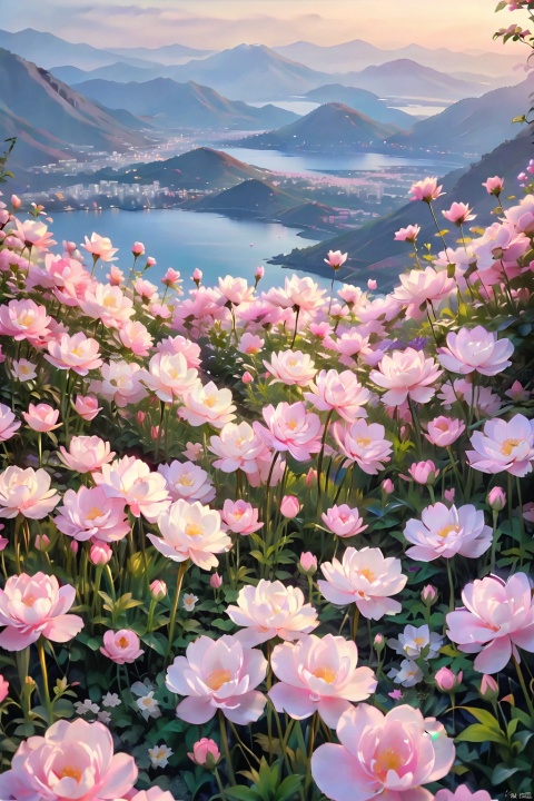Flowering flowers, tranquil mountains, graceful scenery, beautiful colors, delicate visuals, static shots, soft lighting, tranquil emotions, poetic atmosphere, elegance., keai