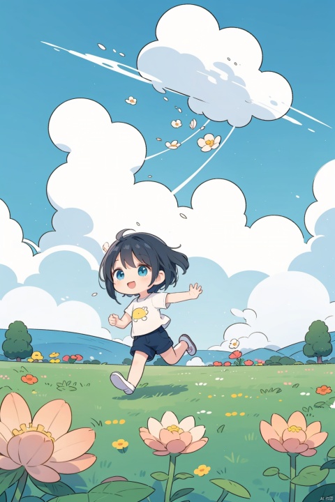 Super happy and cute, a little girl , running in the flower bushes, with blue sky, white clouds, flowers, love, photos, animated comics, abstract visuals, surrealism, clear background, and clear contours.