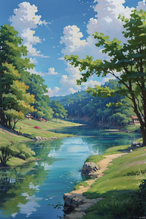 (best quality,masterpiece, original, extremely detailed 8K wallpaper)((absurdres)),(ultra-detailed),The shimmering lake water, the sky filled with clouds. Reminiscent of a Monet painting with a touch of Studio Ghibli style, featuring high saturation, a scenic lake view, fluffy clouds, natural light, wide-angle lens, stillness, and tranquility., cozy anime, watercolor, bichu, 2D ConceptualDesign