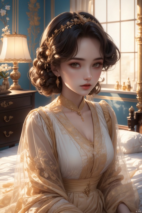 (best quality,masterpiece, original, extremely detailed 8K wallpaper)((absurdres)),(ultra-detailed),Super beautiful woman, dressed in deep vintage attire, lying in bed, taking ancient style photography with soft lighting, rich details, dignified and elegant, elegant and soft, medium and long focus lens, lyrical expression, soft colors, and beautiful demeanor., Light-electric style