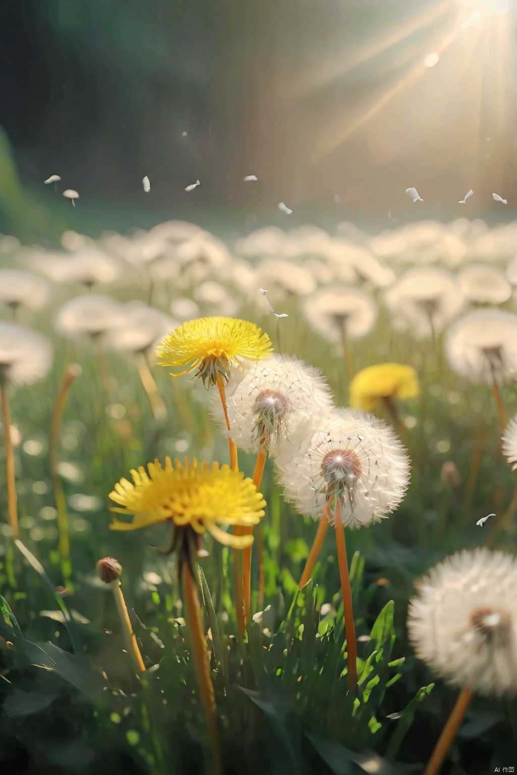 In a field of traditional Chinese medicine dandelion flowers, the blooming dandelion flowers are very bright, and dandelion seeds are scattered in the air, presenting a dreamy state. Colorful butterflies dance in it, and dreamy light and shadow cannot change the form and color of dandelions. Professional flower photography with 8k ultra high definition picture quality, rich color levels and picture details, keai, shining