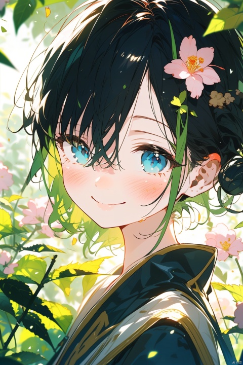 Light hits the face through the leaves, natural elements, early morning, soft lighting, in the woods, portrait photography, blue-green tones, focused eyes, smile, lens selection., mtianmei, ((poakl flower style)), TT, Light-electric style, backlight, cozy anime