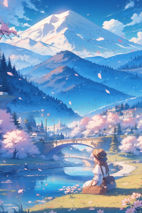  1girl, solo, hat, sitting, flower, outdoors, sky, day, bag, tree, blue sky, grass, cherry blossoms, scenery, mountain, cozy animation scenes
