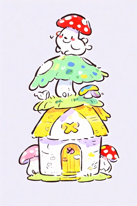 Illustration featuring a cute Mushroom house, simple and clean, cartoon style, pastel colors, soft shading, flat, vector, white background., chahua, mjtyhz