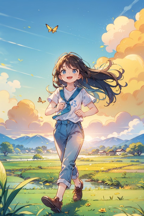 Running in the paddy field, distant view, noon sunshine, golden color tone, wide-angle lens, long hair fluttering, brilliant smile, white T-shirt, blue suspender pants, freedom, tranquility. Happy