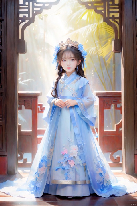  Masterpiece, best quality, ultra-detailed, an extremely delicate and beautiful, extremely detailed. A cute and lovely little girl in ancient costume, captured in a mid shot with soft, gentle lighting., glow, (\shen ming shao nv\),Hazy light