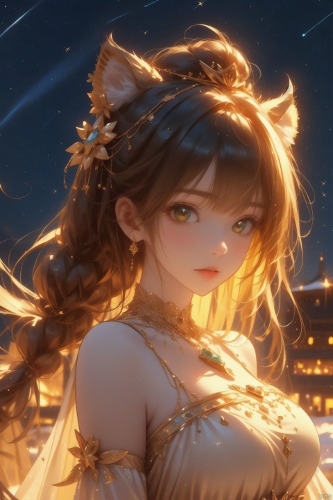 A beautiful character painting of a young girl in an ancient, lavish dress, depicting the Ice Age, portraying a constellation (celestial); theamberdeer lady, green ji, in a mysterious portrait, with a galaxy as the backdrop, exquisite and realistic, inspired by the yellow light, featuring a snow queen holding a bell, a beautiful androgynous figure, an AI princess, in a comic style, draped in natural starlight, an elk, in attire, Ice Age., Light master, (\shen ming shao nv\)
