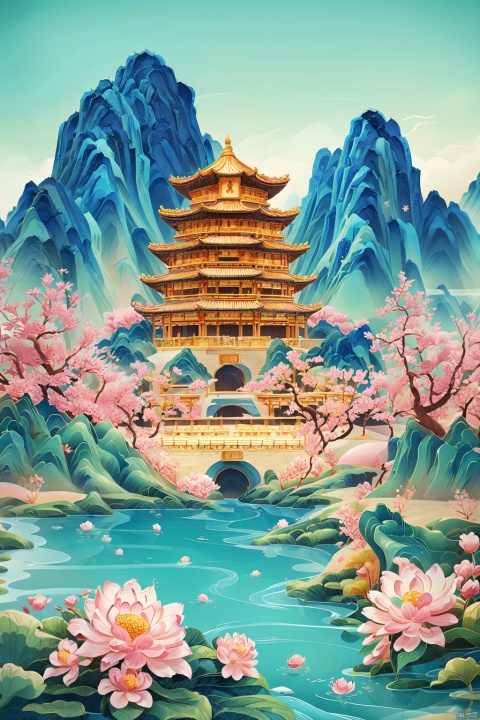 (best quality,masterpiece, original, extremely detailed 8K wallpaper)((absurdres)),(ultra-detailed),Pink ink wash style, Jiangnan water town, vertical composition, Chinese dragon, illustration, characteristic architecture, ceramics, flowers, bridges, Xicen water town, porcelain, blooming flowers, pink, green, hand-drawn, high saturation, traditional style, rich details, mysterious, classical beauty. Promotion poster., guofeng, myuejin