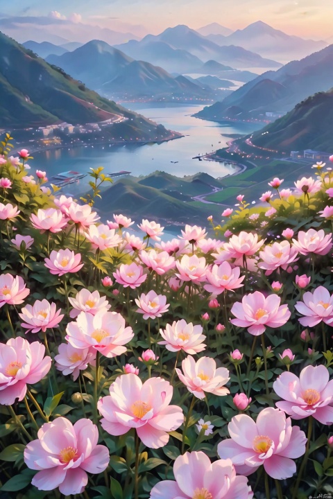 Flowering flowers, tranquil mountains, graceful scenery, beautiful colors, delicate visuals, static shots, soft lighting, tranquil emotions, poetic atmosphere, elegance., keai, uncleview
