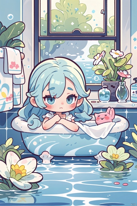 cute little girl lying in the ocean of flowers, big watery eyes, long curly hair, soap bubbles floating around, bathtub surrounded by flowers, with flowers in the foreground and background, rainbow glass window, comfortable, sunlight passing through the window, healing, joyful, foreground and beautiful flowers wrapped in foam, medium and close ups, cozy animation scenes, houtufeng