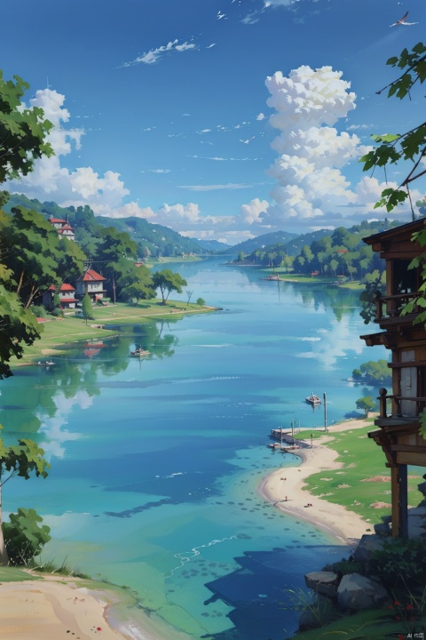 (best quality,masterpiece, original, extremely detailed 8K wallpaper)((absurdres)),(ultra-detailed),The shimmering lake water, the sky filled with clouds. Reminiscent of a Monet painting with a touch of Studio Ghibli style, featuring high saturation, a scenic lake view, fluffy clouds, natural light, wide-angle lens, stillness, and tranquility., cozy anime, watercolor, bichu, 2D ConceptualDesign