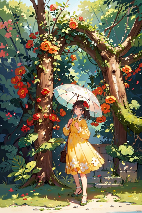  Masterpiece, best quality, ultra-detailed, an extremely delicate and beautiful, extremely detailed. 1girl, solo, smile, black hair, holding, standing, flower, outdoors, umbrella, white footwear, standing on one leg, plant, holding umbrella, TT