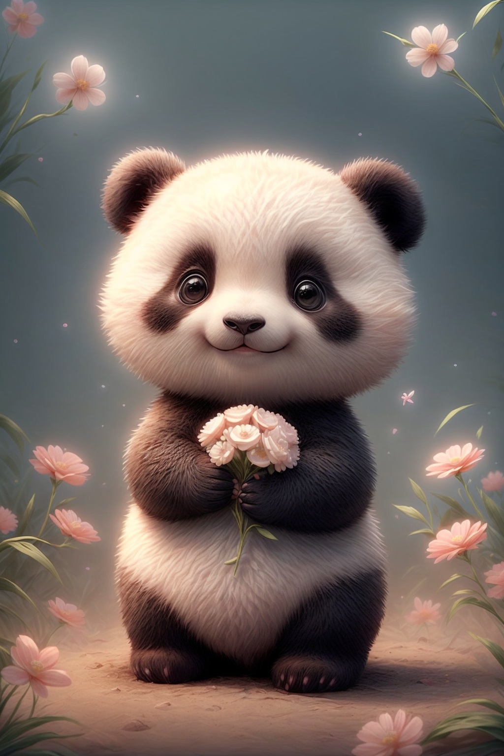 tiny cute baby panda with colorful flowers in her hands can hardly stand the flowers, close up, cinematic, award-winning, hyperrealism, photography., MG xiongmao