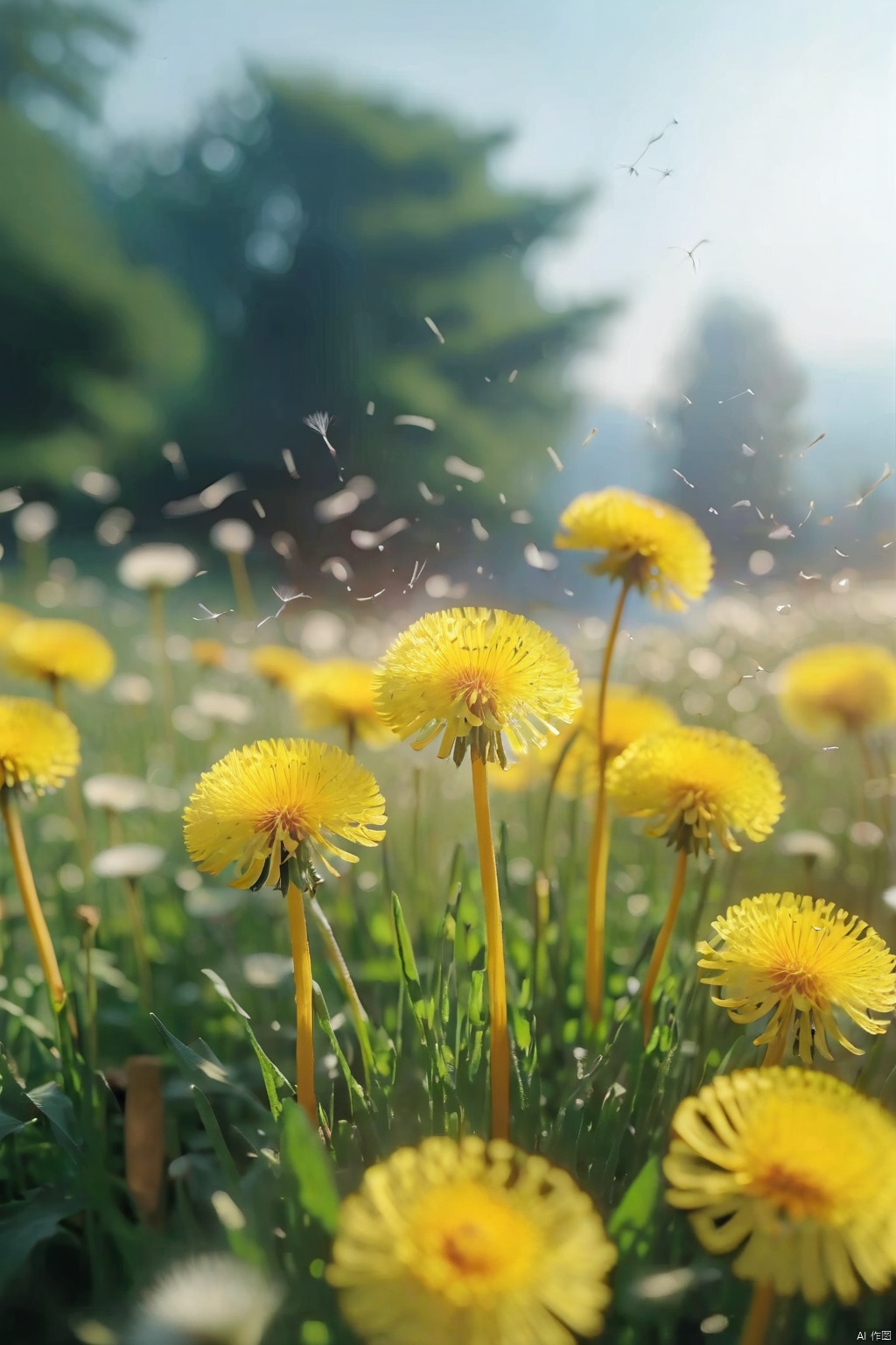 In a field of traditional Chinese medicine dandelion flowers, the blooming dandelion flowers are very bright, and dandelion seeds are scattered in the air, presenting a dreamy state. Colorful butterflies dance in it, and dreamy light and shadow cannot change the form and color of dandelions. Professional flower photography with 8k ultra high definition picture quality, rich color levels and picture details, keai, shining