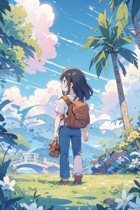 1girl, solo, long hair, shirt, black hair, standing, flower, outdoors, sky, pants, cloud, a bag, from behind, blue sky, backpack, cloudy sky, grass, white flower, shoulder bag, yellow flower, brown pants, wide shot, cozy animation scenes