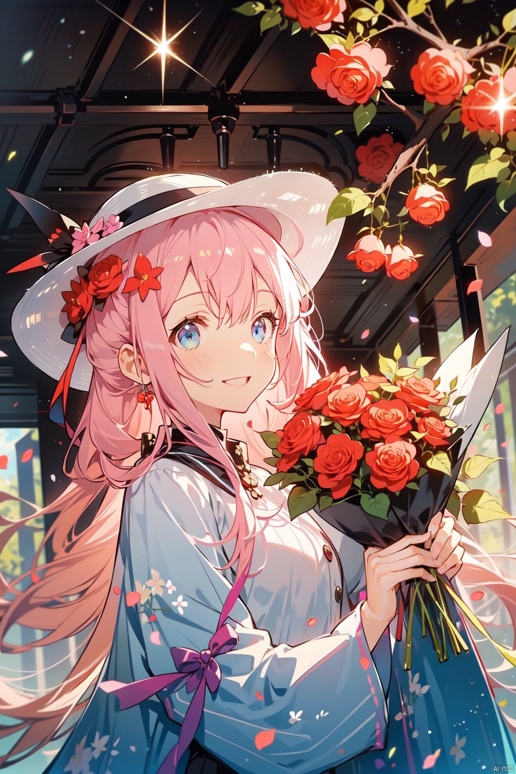 A smiling woman in a straw hat, front view, stands in front of a wall of roses and touches the roses with one hand, in the background are rose flowers, bouquet, flowers, hat, pink flowers, pink roses, red and white plaid skirt, Red rose, rose, solo., masterpiece, Light-electric style, glow, 1girl,shining, cozy anime