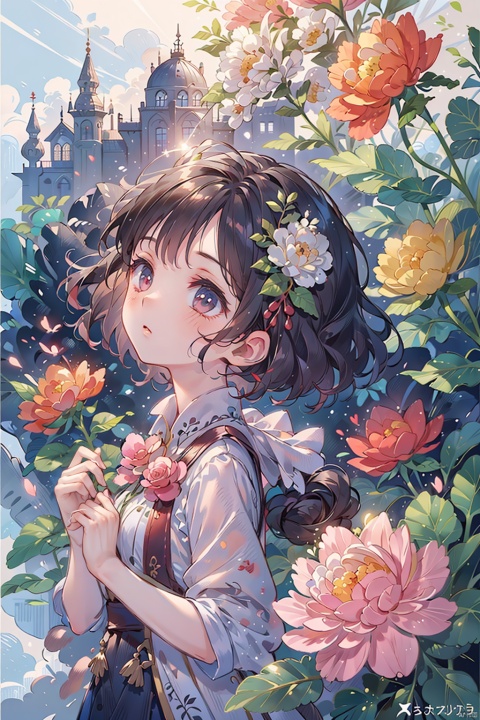 masterpiece,best quality,ultra-detailed,an extremely delicate and beautiful,extremely detailed wallpaper,anime girl looking up at the sky, holding a rose,lofi girl,lofi girl aesthetic,lofi art style,lofi,lofi aesthetic,cute anime girl,cute art style, cute animation, lofi feel, cute girl anime visuals, anime aesthetics, lofi art, in anime style, cute anime style, ruhua